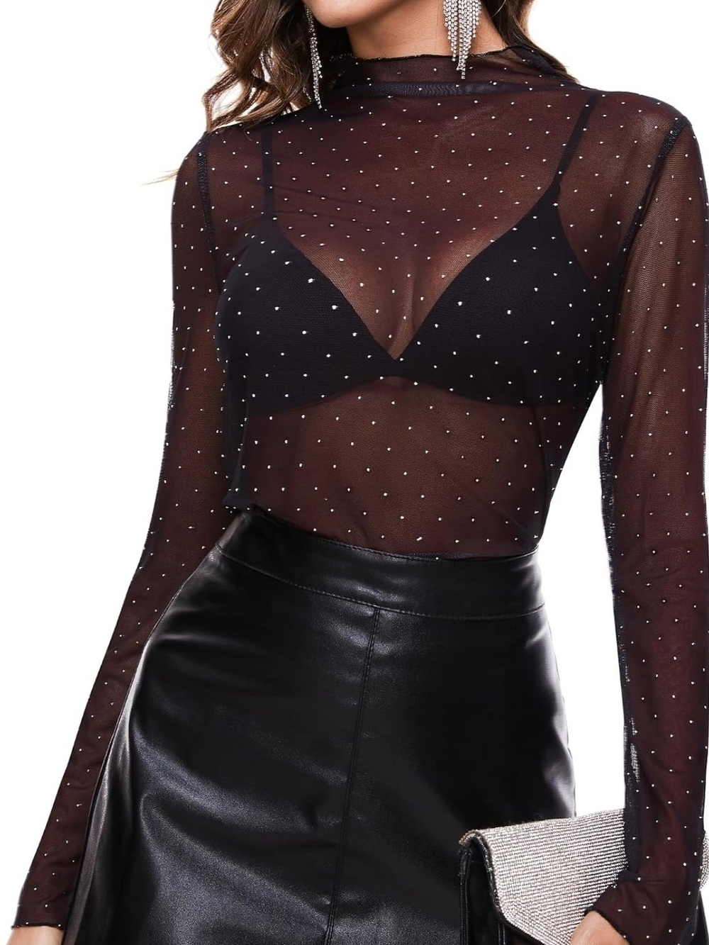 Sheer Black Rhinestone-Embellished Long Sleeve Camisole